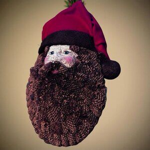 Rustic Pinecone Beard Santa Wall Hanging – 12” Woodland Christmas Decor, Natural